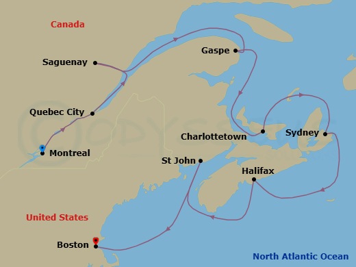 11 Night - Maples & Maritime Flavors - Seven Seas Grandeur - Starting in Montreal, Quebec City, Saguenay, Cruising the St Lawrence River, Gaspesie, Cruising the Gulf of St Lawrence, Charlottetown, Sydney CA, Halifax, Saint John NB (Bay of Fundy), Boston itinerary map