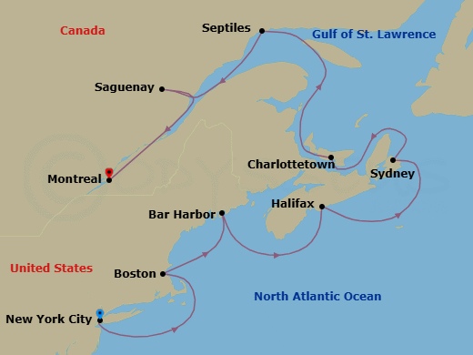 11 Night - Harvest Tides - Seven Seas Grandeur - Starting in New York, Cruising the Atlantic Ocean, Boston, Bar Harbor, Halifax, Sydney CA, Charlottetown, Cruising the Gulf of St Lawrence, Sept-Iles, Saguenay, Montreal itinerary map