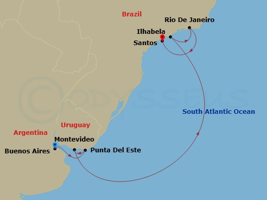 8 Night - Argentina, Brazil & Uruguay - Celebrity Equinox - Starting in Buenos Aires, Argentina, Punta Del Este, Uruguay, Montevideo, Uruguay, Ilhabela, Brazil, Rio De Janeiro, Brazil, Sao Paulo (Santos), Brazil itinerary map
