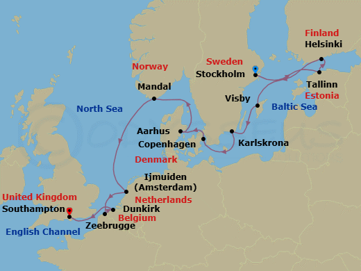 12 Night - Jewels of Northern Europe - Oceania Sirena - Starting in Stockholm, Tallinn, Helsinki, Visby, Sweden, Karlskrona, Copenhagen, Aarhus, Mandal, Ijmuiden, Dunkirk, Bruges (Zeebrugge), London (Southampton) itinerary map