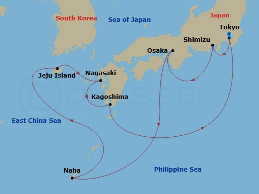 Crystal Symphony - 11 Night - Asia and Asia Pacific Roundtrip from Tokyo - Crystal Symphony - Starting in Tokyo, Shimizu, Osaka, Naha / Okinawa, Jeju, Nagasaki, Kagoshima, Tokyo itinerary map