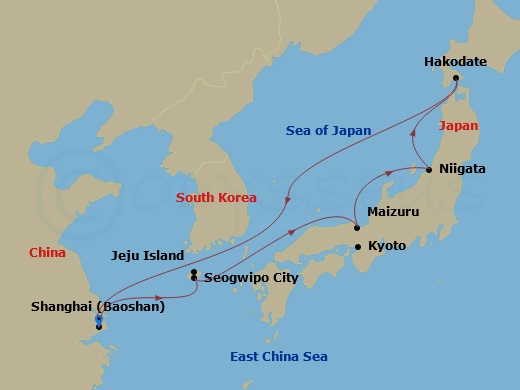 RCL Spectrum of the Seas - 8 Night - Jeju, Maizuru, Niigata & Hakodate - RCL Spectrum of the Seas - Starting in Shanghai (Baoshan), China, Jeju (Seogwipo), South Korea, Kyoto (Maizuru),.. itinerary map
