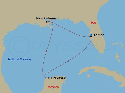 Celebrity Constellation - 7 Night - Mardi Gras Cruise - Celebrity Constellation - Starting in Tampa, Florida, New Orleans, Louisiana, Yucatan (Progreso), Mexico, Tampa, Florida itinerary map