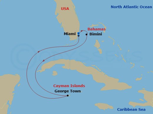 Resilient Lady - 5 Night - Grand Cayman & Bimini Beach Club - Resilient Lady - Starting in Miami, Florida, The Beach Club at Bimini, Bahamas, George Town, Cayman Islands, Miam.. itinerary map