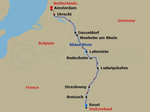7 Night - Christmas Markets On the Rhine - AmaStella - Starting in Basel, Breisach, Strasbourg, Ludwigshafen, Rudesheim, Rhine Gorge, Lahnstein, Dusseldorf, Monheim, Dusseldorf, Utrecht, Amsterdam itinerary map