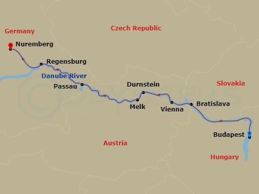 AmaBella - 7 Night - Blue Danube Discovery (Festive Delights) - AmaBella - Starting in Budapest, Bratislava, Vienna, Durnstein, Scenic Cruising, Melk, Passau, Regensburg.. itinerary map