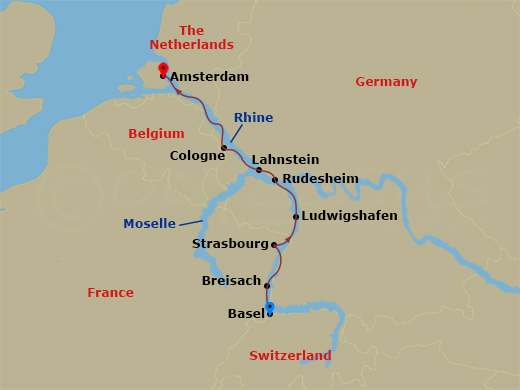 AmaLucia - 7 Night - Enchanting Rhine (Wine Cruise) - AmaLucia - Starting in Basel, Breisach, Strasbourg, Ludwigshafen, Rudesheim, Rhine Gorge, Lahnstein, Cologne, Amste.. itinerary map