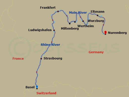 AmaCerto - 7 Night - Medieval Treasures - AmaCerto - Starting in Basel, Strasbourg, Ludwigshafen, Frankfurt, Miltenberg, Wertheim, Wurzburg, Eltmann, Nuremberg itinerary map