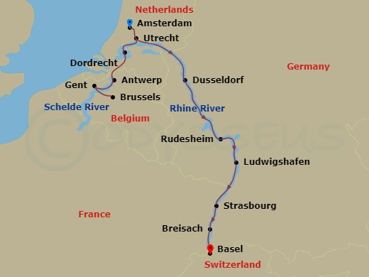 14 Night - City Escapes : Grand Rhine & Dutch Canals - AmaVenita - Starting in Amsterdam, Utrecht, Hellevoetsluis, Ghent, Brussels, Antwerp, Dordrecht, Amsterdam, Utrecht, Dusseldorf, Rhine Gorge, Rudesheim, Ludwigshafen, Strasbourg, Breisach, Basel itinerary map