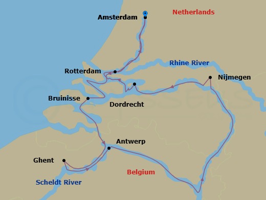 7 Night - Tulip Time (Latin Touch) - AmaSiena - Starting in Amsterdam, Bruinisse, Ghent, Antwerp, Nijmegen, Dordrecht, Rotterdam, Amsterdam itinerary map