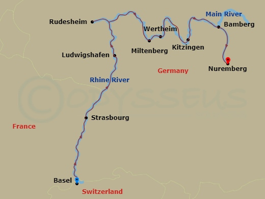 AmaCerto - 7 Night - Medieval Treasures (Wine Cruise) - AmaCerto - Starting in Basel, Strasbourg, Ludwigshafen, Rudesheim, Miltenberg, Wertheim, Kitzingen, Bamberg, Nure.. itinerary map