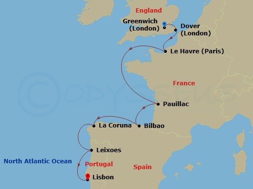 11 Night - Iberia, France & England Explorer - Viking Mira - Starting in London (Greenwich), Dover UK, Paris (Le Havre), Sail the Atlantic Ocean, Pauillac, Bilbao, A Coruna, Porto (Leixoes), Lisbon itinerary map