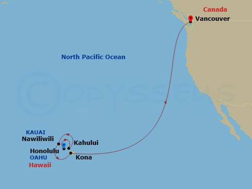 Silver Whisper - 10 Night - Honolulu to Vancouver - Silver Whisper - Starting in Honolulu, Oahu, Hawaii, Kahului, Hawaii, Nawiliwili, Kauai, Hawaii, Kailua Kona, Hawaii, Vanco.. itinerary map