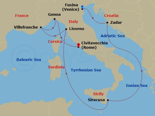 Silver Muse - 10 Night - Fusina to Civitavecchia - Silver Muse - Starting in Fusina (Venice), Zadar, Siracusa (Sicily), Livorno (Tuscany), Villefranche, Genoa, Civitavecchi.. itinerary map