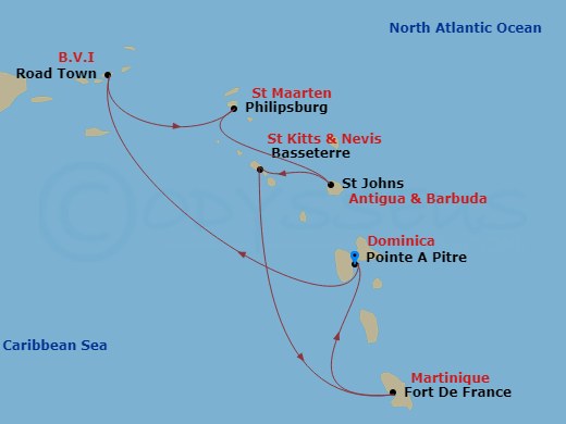 MSC Virtuosa - 7 Night - South Caribbean - MSC Virtuosa - Starting in Pointe-A-Pitre, Guadeloupe, Road Town (Tortola), British Virgin Islands, Philipsburg, St Maarten, St Jo.. itinerary map