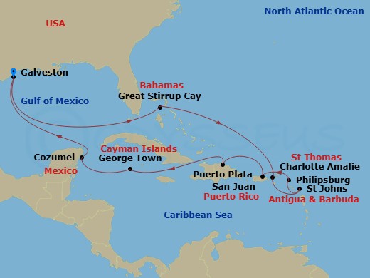 NCL Norwegian Viva - 14 Night - Caribbean - NCL Norwegian Viva - Starting in Galveston, Texas, Great Stirrup Cay, Bahamas, St Thomas, Vi, St Johns AG, Antigua, Philipsburg, St Maa.. itinerary map