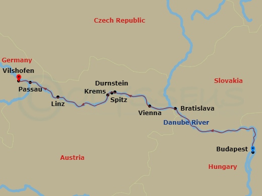 AmaRudi - 7 Night - Magna On the Danube (Christmas) - AmaRudi - Starting in Budapest, Bratislava, Vienna, Krems, Durnstein, Spitz, Linz, Passau, Vilshofen itinerary map