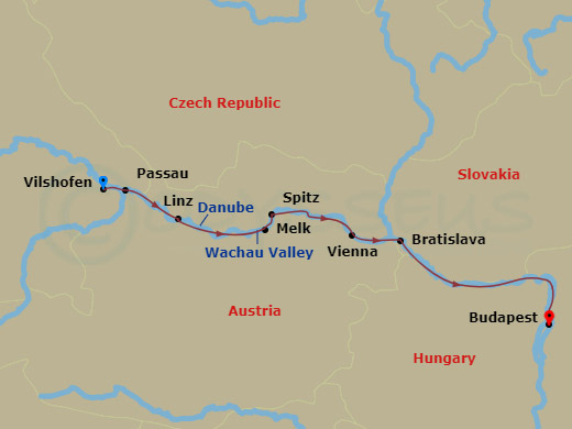 AmaRudi - 7 Night - Magna On the Danube (Christmas) - AmaRudi - Starting in Vilshofen, Passau, Linz, Melk, Spitz, Vienna, Bratislava, Scenic Cruising, Budapest itinerary map