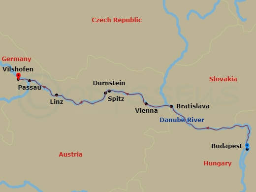 AmaRudi - 7 Night - Magna On the Danube (Festive Delights) - AmaRudi - Starting in Budapest, Bratislava, Vienna, Durnstein, Spitz, Linz, Passau, Vilshofen itinerary map