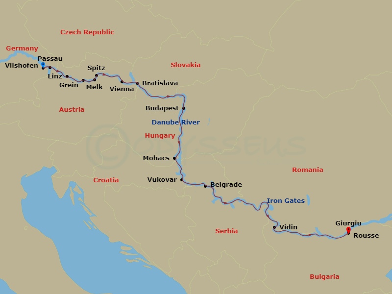 AmaRudi - 14 Night - Grand Danube Cruise - AmaRudi - Starting in Vilshofen, Passau, Linz, Grein, Melk, Spitz, Vienna, Bratislava, Budapest, Mohacs, Vukovar, Belgrade, I.. itinerary map