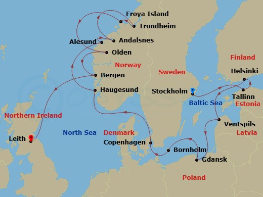 17 Night - Star Collector : Legends of Scandinavia & the Baltic - Star Legend - Starting in Stockholm, Tallinn, Helsinki, Ventspils, Latvia, Gdansk, Bornholm, Copenhagen, Haugesund, Alesund, Andalsnes, Norway, Trondheim, Norway, Froya / Sistranda Liggeka, Norway, Olden, Bergen, Leith (Edinburgh), United Kingdom itinerary map