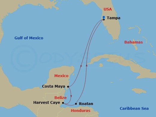NCL Norwegian Dawn - 7 Night - Western Caribbean - Tampa - NCL Norwegian Dawn - Starting in Tampa, Fl, Costa Maya, Mexico, Harvest Caye, Belize, Roatan Bay Islands, Honduras, Tamp.. itinerary map