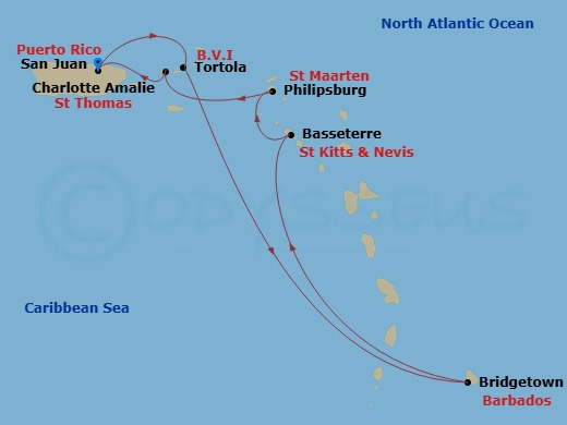 NCL Norwegian Prima - 7 Night - Southern Caribbean - San Juan - NCL Norwegian Prima - Starting in San Juan, Pr, Tortola, British Virgin Islands, Bridgetown, Barbados, Basseterre, S.. itinerary map