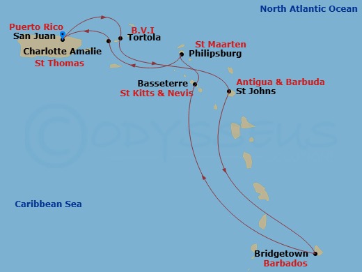 NCL Norwegian Prima - 7 Night - Southern Caribbean - San Juan - NCL Norwegian Prima - Starting in San Juan, Pr, Tortola, British Virgin Islands, St Johns AG, Antigua, Bridgetown, B.. itinerary map
