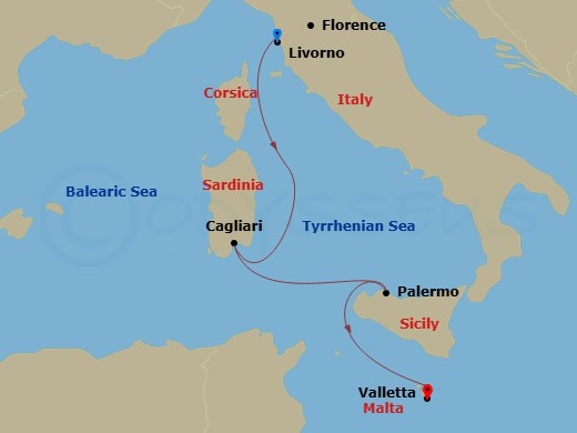 MSC Splendida - 3 Night - Mediterranean - MSC Splendida - Starting in Livorno (Florence), Italy, Cagliari (Sardinia), Italy, Palermo (Monreale), Italy, La Valletta, Malta itinerary map