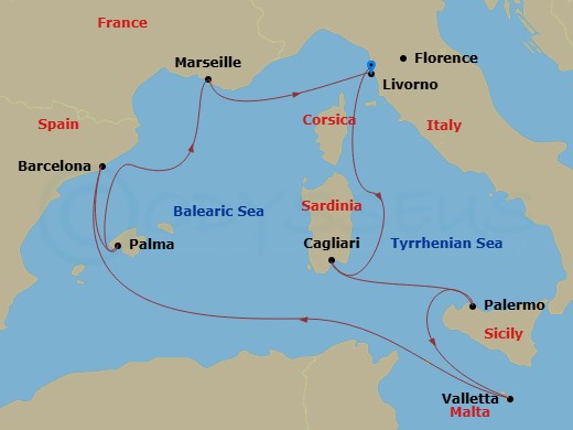 MSC Splendida - 8 Night - Mediterranean - MSC Splendida - Starting in Livorno (Florence), Italy, Cagliari (Sardinia), Italy, Palermo (Monreale), Italy, La Valletta, Malta, Ba.. itinerary map