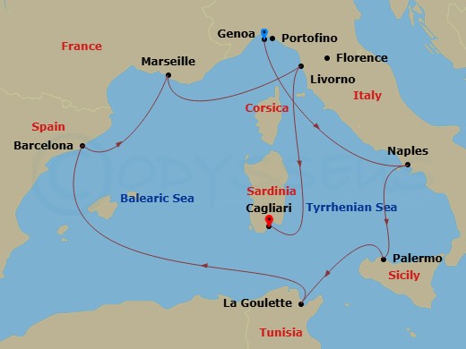 MSC Splendida - 8 Night - Mediterranean - MSC Splendida - Starting in Genoa (Portofino), Italy, Naples (Pompeii), Italy, Palermo (Monreale), Italy, La Goulette, Tunisia, Barc.. itinerary map