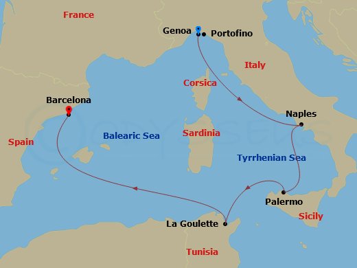 MSC Splendida - 5 Night - Mediterranean - MSC Splendida - Starting in Genoa (Portofino), Italy, Naples (Pompeii), Italy, Palermo (Monreale), Italy, La Goulette, Tunisia, Barc.. itinerary map