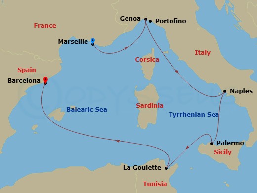 MSC Splendida - 6 Night - Mediterranean - MSC Splendida - Starting in Marseille (Provence), France, Genoa (Portofino), Italy, Naples (Pompeii), Italy, Palermo (Monreale), Ita.. itinerary map