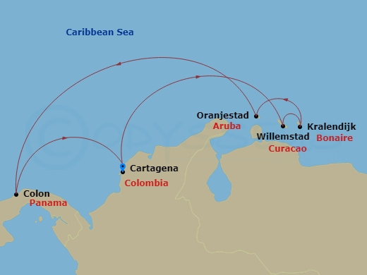 RCL Grandeur of the Seas - 7 Night - Southern Caribbean Cruise - RCL Grandeur of the Seas - Starting in Cartagena CO, Willemstad AN, Curacao, Kralendijk, Bonaire, Oranjestad, Aruba, Col.. itinerary map