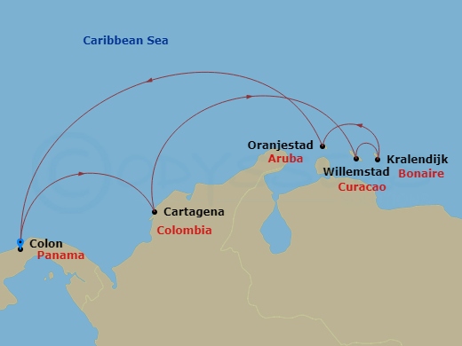 RCL Grandeur of the Seas - 7 Night - Southern Caribbean Cruise - RCL Grandeur of the Seas - Starting in Colon, Panama, Cartagena CO, Willemstad AN, Curacao, Kralendijk, Bonaire, Oranjes.. itinerary map