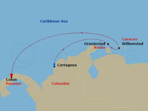 RCL Grandeur of the Seas - 6 Night - Southern Caribbean Cruise - RCL Grandeur of the Seas - Starting in Cartagena CO, Oranjestad, Aruba, Willemstad AN, Curacao, Colon, Panama itinerary map