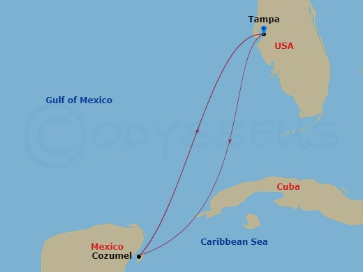 RCL Jewel of the Seas - 4 Night - Western Caribbean Cruise - RCL Jewel of the Seas - Starting in Tampa, Florida, Cozumel, Mexico, Tampa, Florida itinerary map