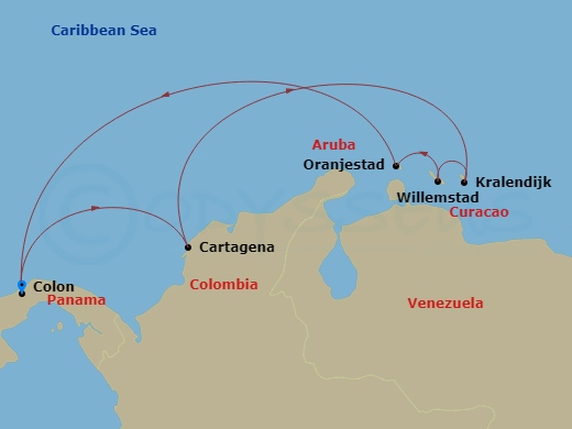 RCL Grandeur of the Seas - 7 Night - Southern Caribbean Cruise - RCL Grandeur of the Seas - Starting in Colon, Panama, Cartagena CO, Kralendijk, Bonaire, Willemstad AN, Curacao, Oranjes.. itinerary map