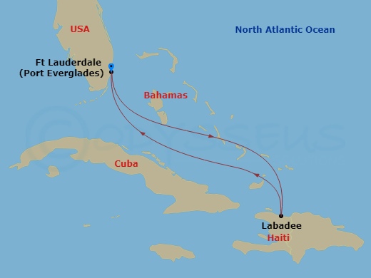 RCL Jewel of the Seas - 4 Night - Eastern Caribbean Cruise - RCL Jewel of the Seas - Starting in Fort Lauderdale, Florida, Labadee, Haiti, Fort Lauderdale, Florida itinerary map