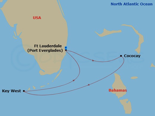 RCL Jewel of the Seas - 4 Night - Key West & Perfect Day Cruise - RCL Jewel of the Seas - Starting in Fort Lauderdale, Florida, Perfect Day Cococay, Bahamas, Key West, Florida, Fort.. itinerary map