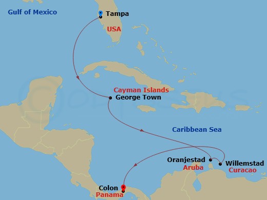 RCL Grandeur of the Seas - 7 Night - Southern Caribbean Cruise - RCL Grandeur of the Seas - Starting in Tampa, Florida, George Town, Grand Cayman, Oranjestad, Aruba, Willemstad AN, Cura.. itinerary map