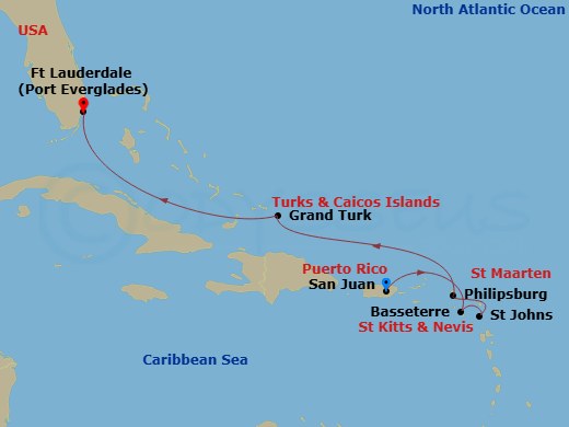 RCL Jewel of the Seas - 7 Night - Eastern Caribbean Cruise - RCL Jewel of the Seas - Starting in San Juan, Puerto Rico, Basseterre, St Kitts and Nevis, St Johns AG, Antigua, Philipsb.. itinerary map