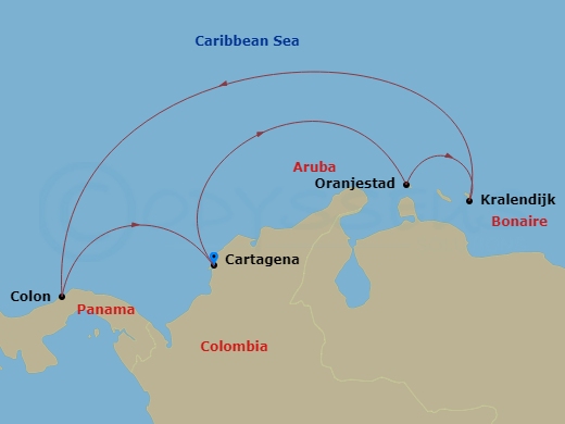 RCL Grandeur of the Seas - 7 Night - Southern Caribbean Holiday - RCL Grandeur of the Seas - Starting in Cartagena CO, Oranjestad, Aruba, Kralendijk, Bonaire, Colon, Panama, Cartagena CO itinerary map