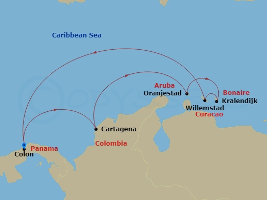 RCL Grandeur of the Seas - 7 Night - Southern Caribbean Cruise - RCL Grandeur of the Seas - Starting in Colon, Panama, Cartagena CO, Oranjestad, Aruba, Kralendijk, Bonaire, Willemstad A.. itinerary map