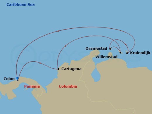 RCL Grandeur of the Seas - 7 Night - Southern Caribbean Cruise - RCL Grandeur of the Seas - Starting in Colon, Panama, Cartagena CO, Willemstad AN, Curacao, Oranjestad, Aruba, Kralendij.. itinerary map