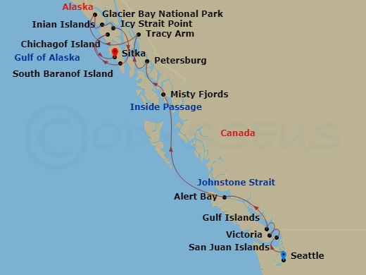 National Geographic Quest - 13 Night - Treasures of the Inside Passage - National Geographic Quest - Starting in Seattle, Washington / Embark Ship, San Juan Islands, Washington, Victoria.. itinerary map