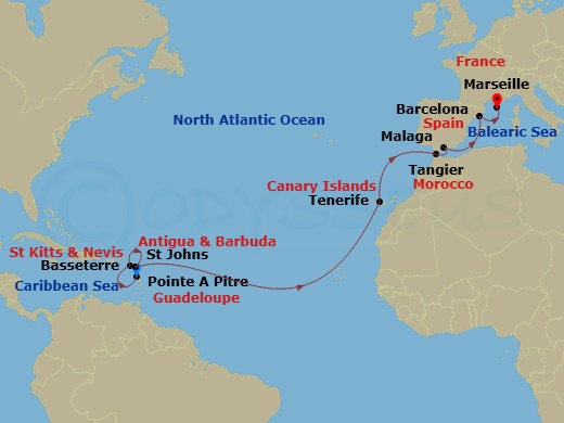 Costa Favolosa - 15 Night - Transatlantic from Pointe a Pitre - Costa Favolosa - Starting in Pointe-a-Pitre, Basseterre, St Johns AG, Antigua, Santa Cruz de Tenerife, Tangier,.. itinerary map