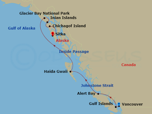 National Geographic Sea Lion - 14 Night - Voyage to Alaska, British Columbia and Haida Gwaii - National Geographic Sea Lion - Starting in Vancouver, British Columbia, Canada / Embark Ship,.. itinerary map