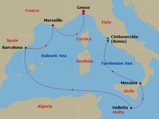 6 Night - Mediterranean - MSC World Europa - Starting in Civitavecchia (Rome), Italy, Messina (Taormina), Italy, La Valletta, Malta, Barcelona, Spain, Marseille (Provence), France, Genoa (Portofino), Italy itinerary map