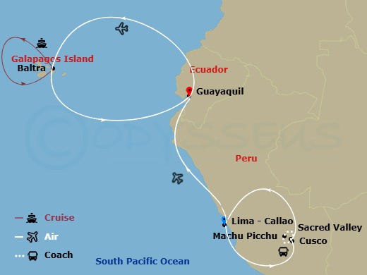 National Geographic Gemini Cruise Tours - 11 Night - Peru and Galapagos Escape - National Geographic Gemini Cruise Tours - Starting in Lima, Peru, Lima / Cusco / Sacred Valley, Machu Picchu, Sacred Va.. itinerary map